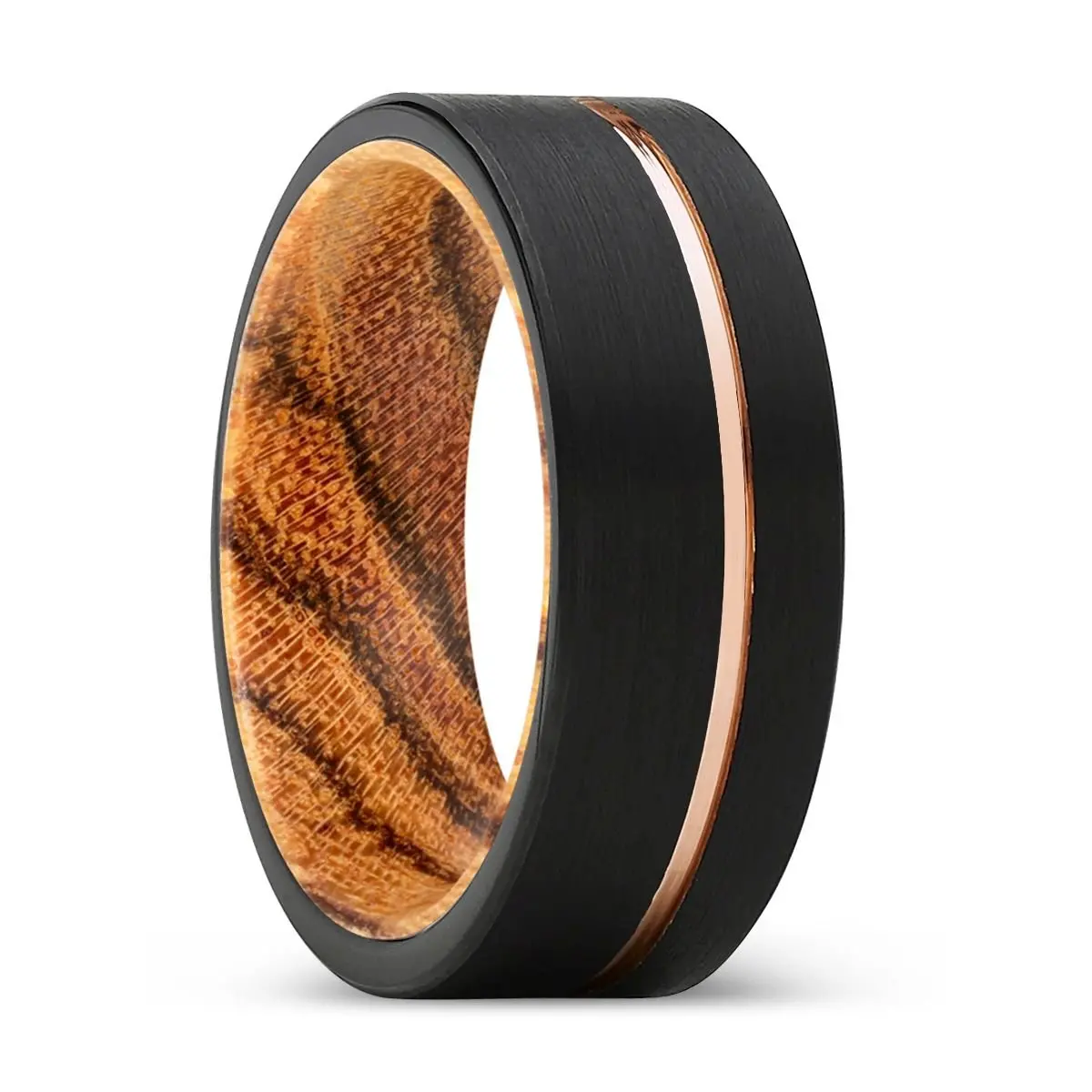 Jester | Bocote Wood, Black Tungsten Ring, Rose Gold Offset Groove, Brushed, Flat 1