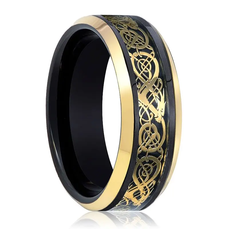 Jetek | Black Tungsten Ring, Gold Celtic Cut-Out Design, Gold Beveled 1