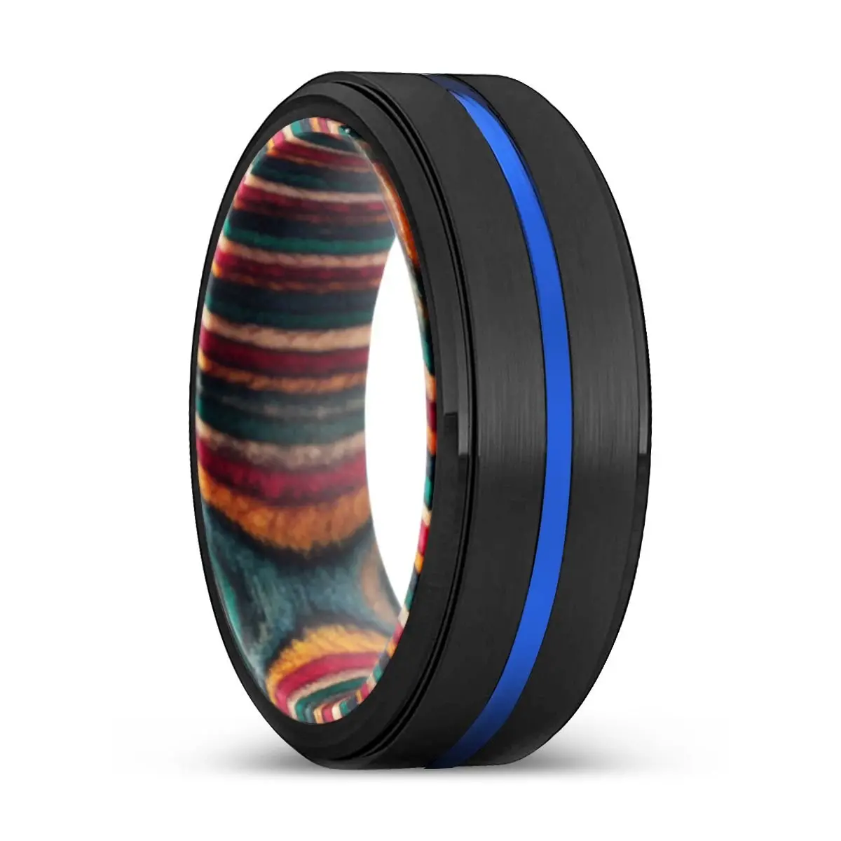 Jimmy | Multi Color Wood, Black Tungsten Ring, Blue Groove, Stepped Edge 1