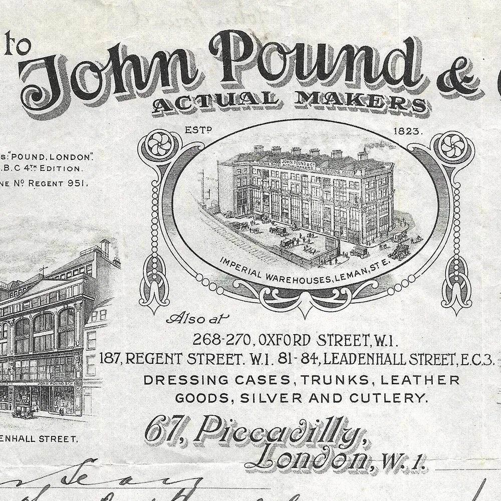 John Pound & Co - Facture De La Maison De Bagages, 67 Piccadilly London (1924) 2
