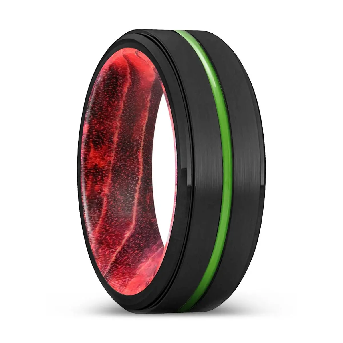 Joliet | Black & Red Wood, Black Tungsten Ring, Green Groove, Stepped Edge 1