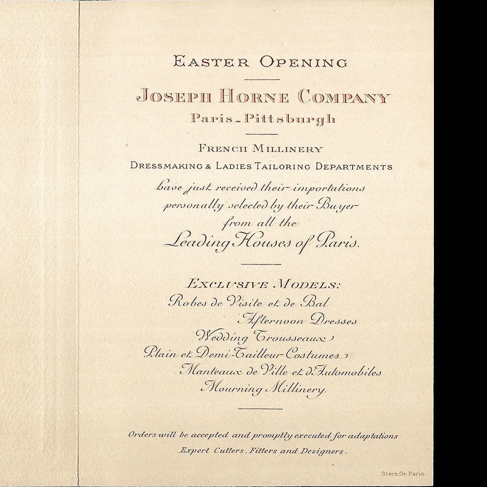 Joseph Horne Company - Invitation Annonçant La Sélection De Modèles De Paris (Circa 1910) 2