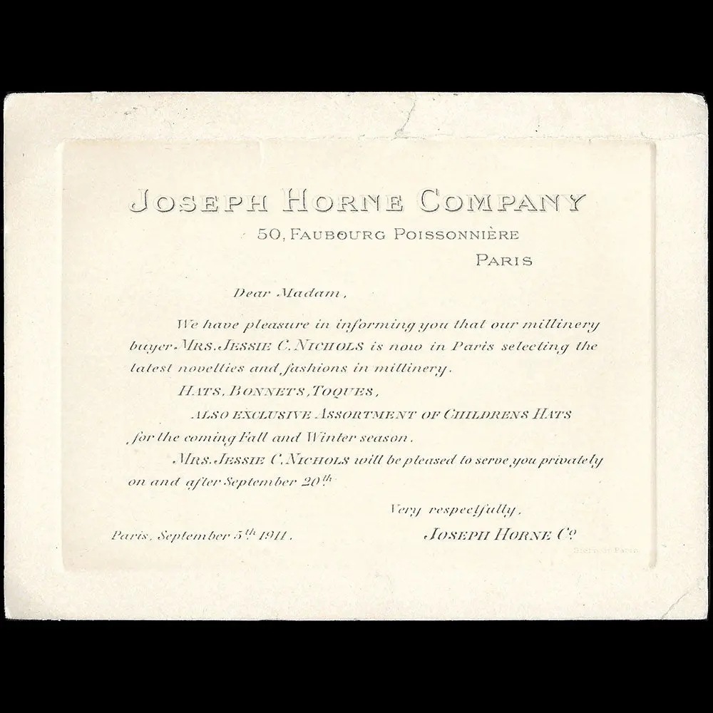 Joseph Horne Company - Invitation Annonçant La Sélection De Chapeaux De Paris (1911) 1