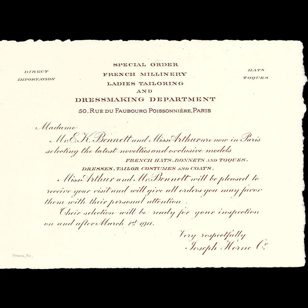 Joseph Horne Company - Invitation Annonçant La Sélection De Robes De Paris (1911) 2