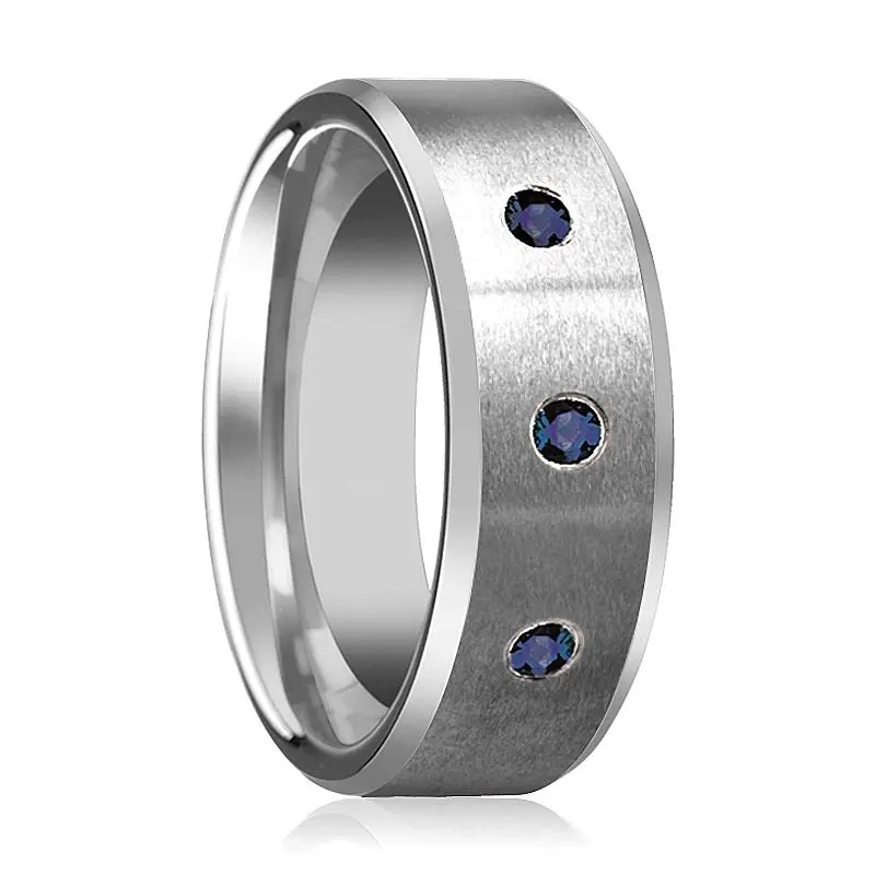 Josiah | Satin Tungsten Ring 3 Blue Sapphires 1