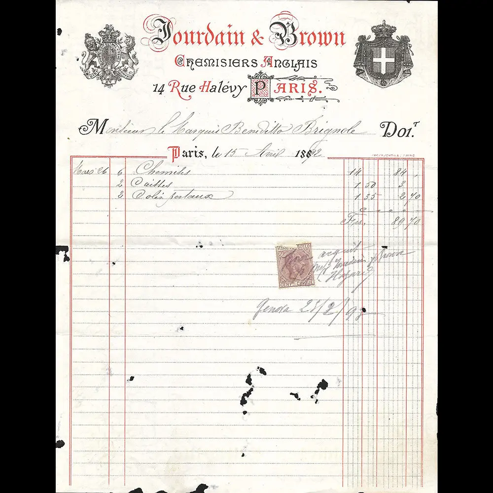 Jourdain & Brown - Facture Des Chemisiers Anglais, 14 Rue Halévy À Paris (1892) 1