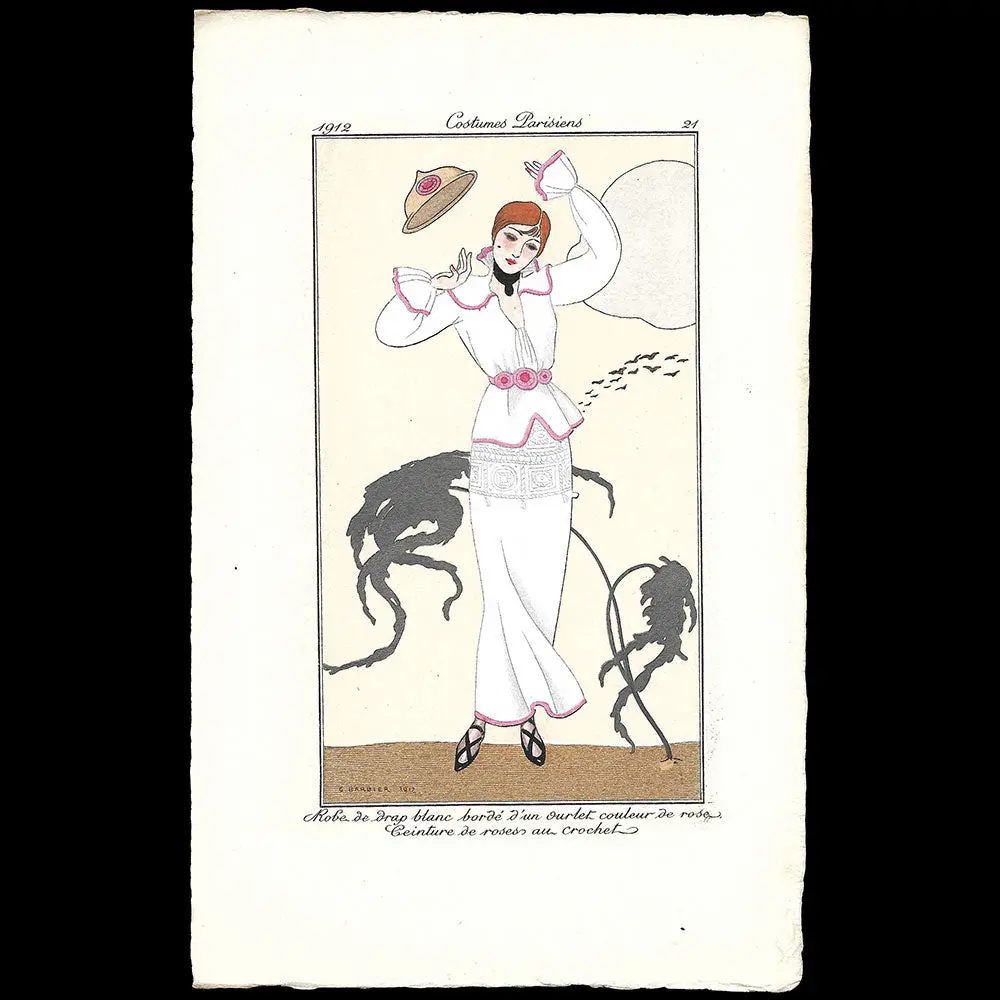 Journal Des Dames Et Des Modes, Costumes Parisiens - Robe De Drap Blanc Bordé D'un Ourlet Couleur De Rose, Ceinture De Roses Au Crochet, Planche De George Barbier (1912) 1