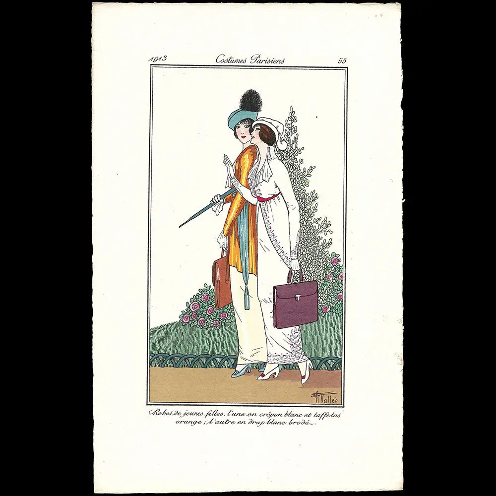 Journal Des Dames Et Des Modes, Costumes Parisiens - Robes De Jeunes Filles: L'une En Crépon Blanc Et Taffetas Orange; L'autre En Drap Blanc Brodé, Planche D'armand Vallée (1913) 1