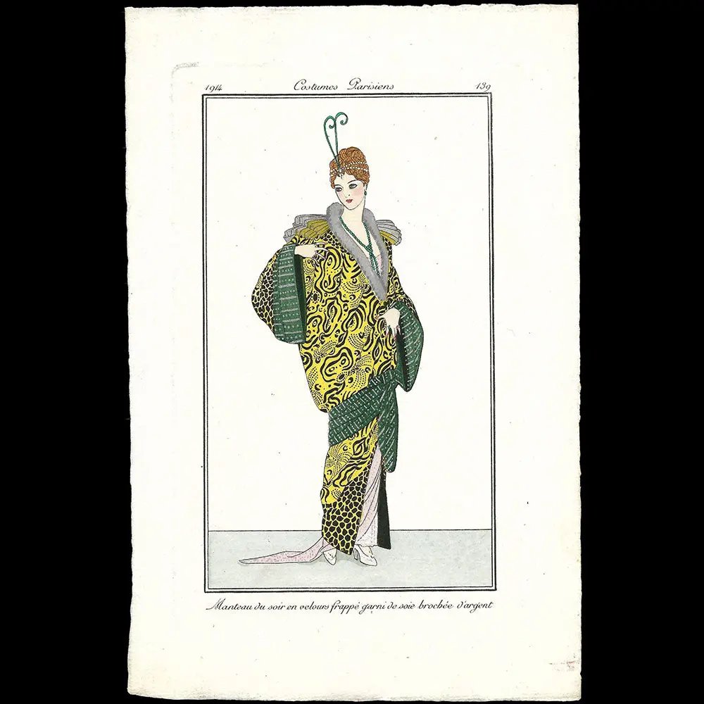 Journal Des Dames Et Des Modes, Costumes Parisiens - Manteau Du Soir En Velours Frappé Garni De Soie Brochée D'argent, Planche (1914) 1