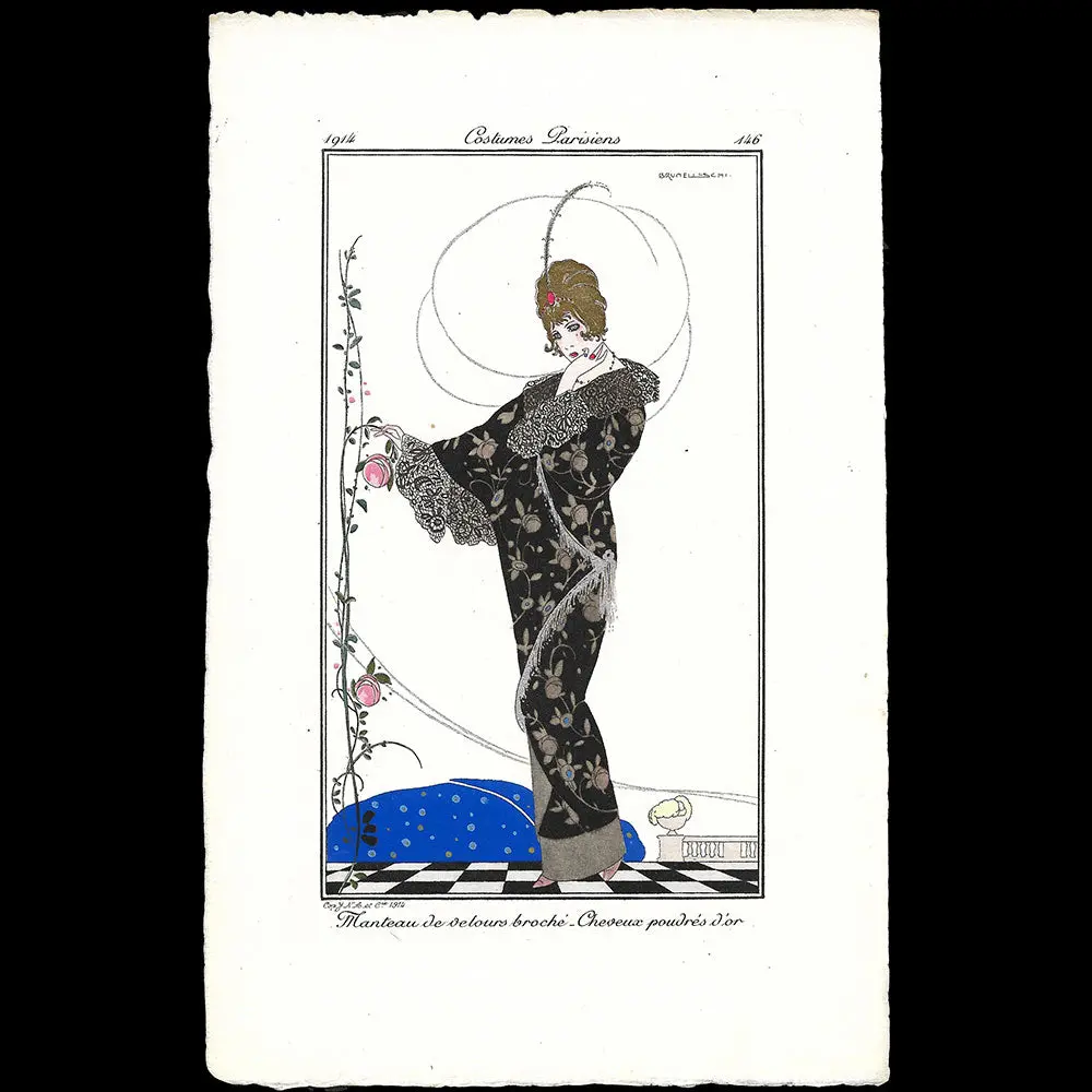 Journal Des Dames Et Des Modes, Costumes Parisiens - Manteau De Velours Broché Cheveux Poudrés D'or, Planche De Brunelleschi (1914) 1