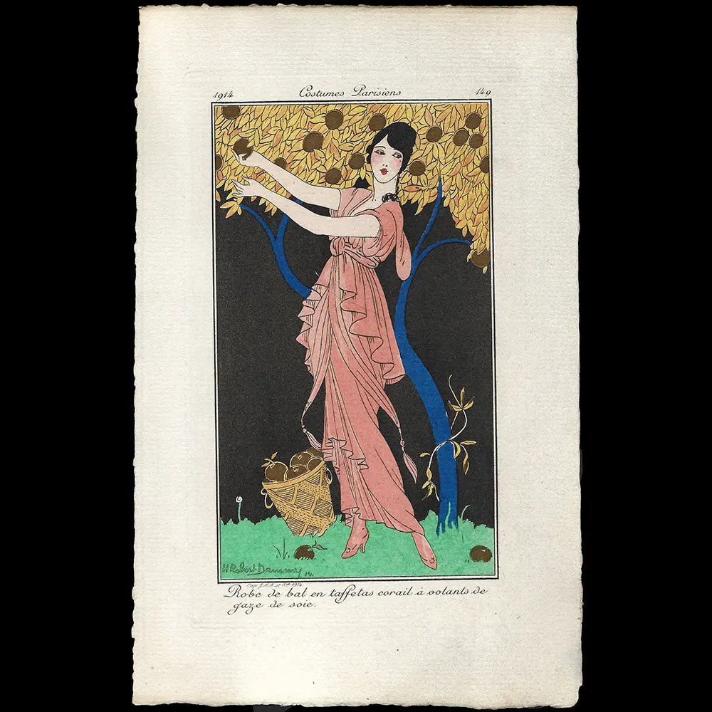 Journal Des Dames Et Des Modes, Costumes Parisiens - Robe De Bal En Taffetas Corail À Volants De Gaze De Soie, Planche De Robert Dammy (1914) 1