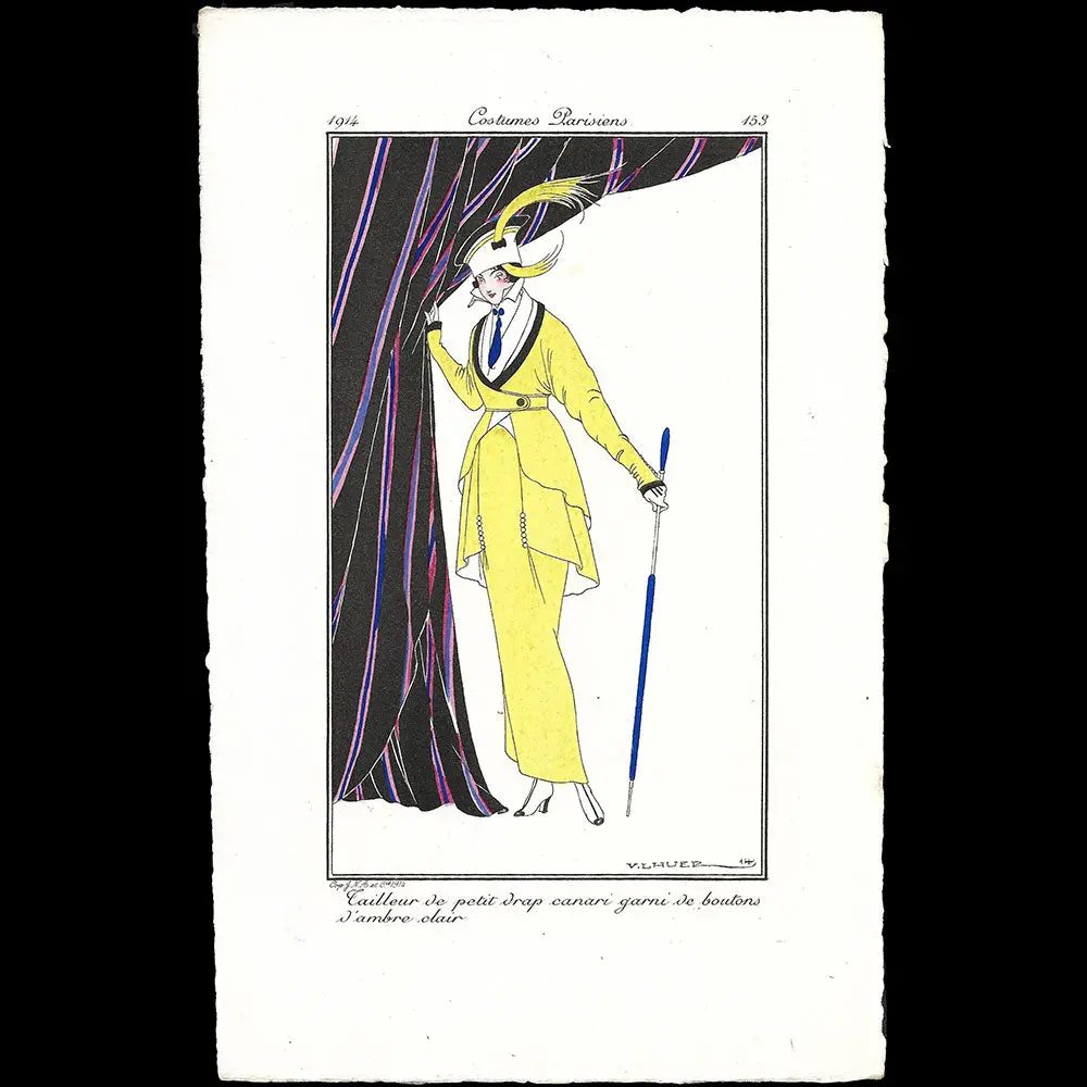 Journal Des Dames Et Des Modes, Costumes Parisiens - Tailleur De Petit Drap Canari Garni De Boutons D'ambre Clair, Planche De Victor Lhuer (1914) 1