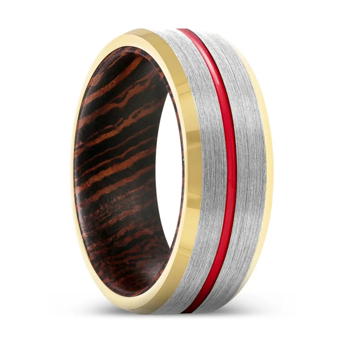 Juke | Wenge Wood, Silver Tungsten Ring, Red Groove, Gold Beveled Edge 1