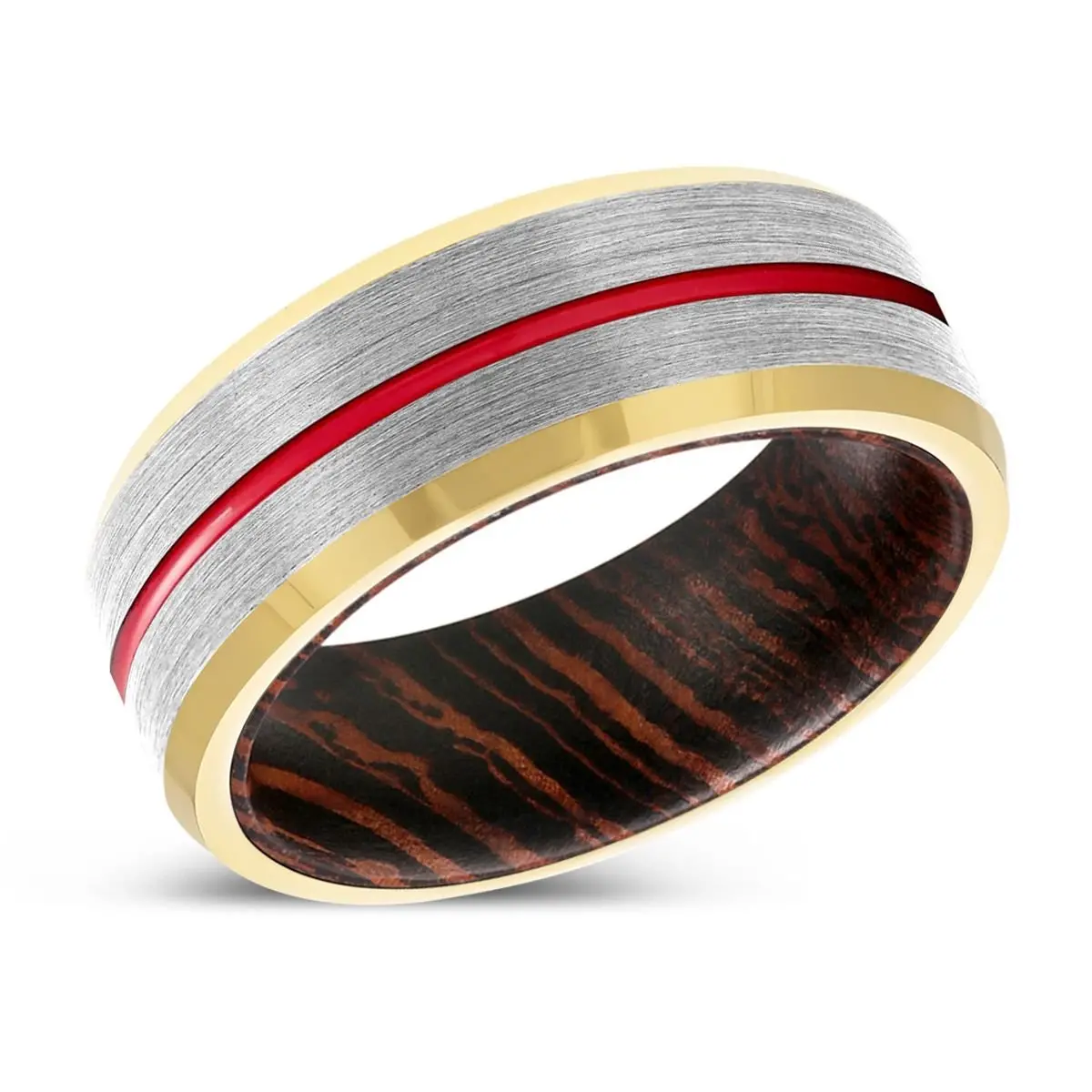 Juke | Wenge Wood, Silver Tungsten Ring, Red Groove, Gold Beveled Edge 2