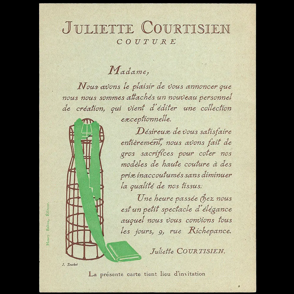 Juliette Courtisien - Invitation De La Maison De Couture, 9 Rue Richepanse À Paris (Circa 1925) 1