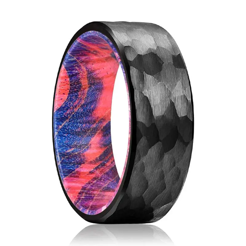 Jumble | Blue And Red Wood, Black Tungsten Ring, Hammered, Flat 1