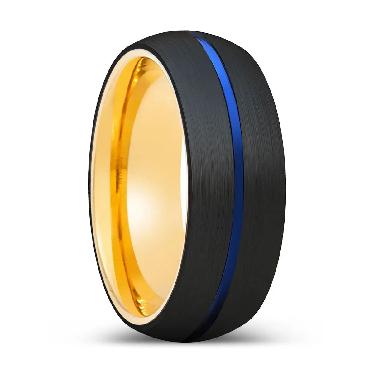 Juniper | Gold Ring, Black Tungsten Ring, Blue Groove, Domed 1