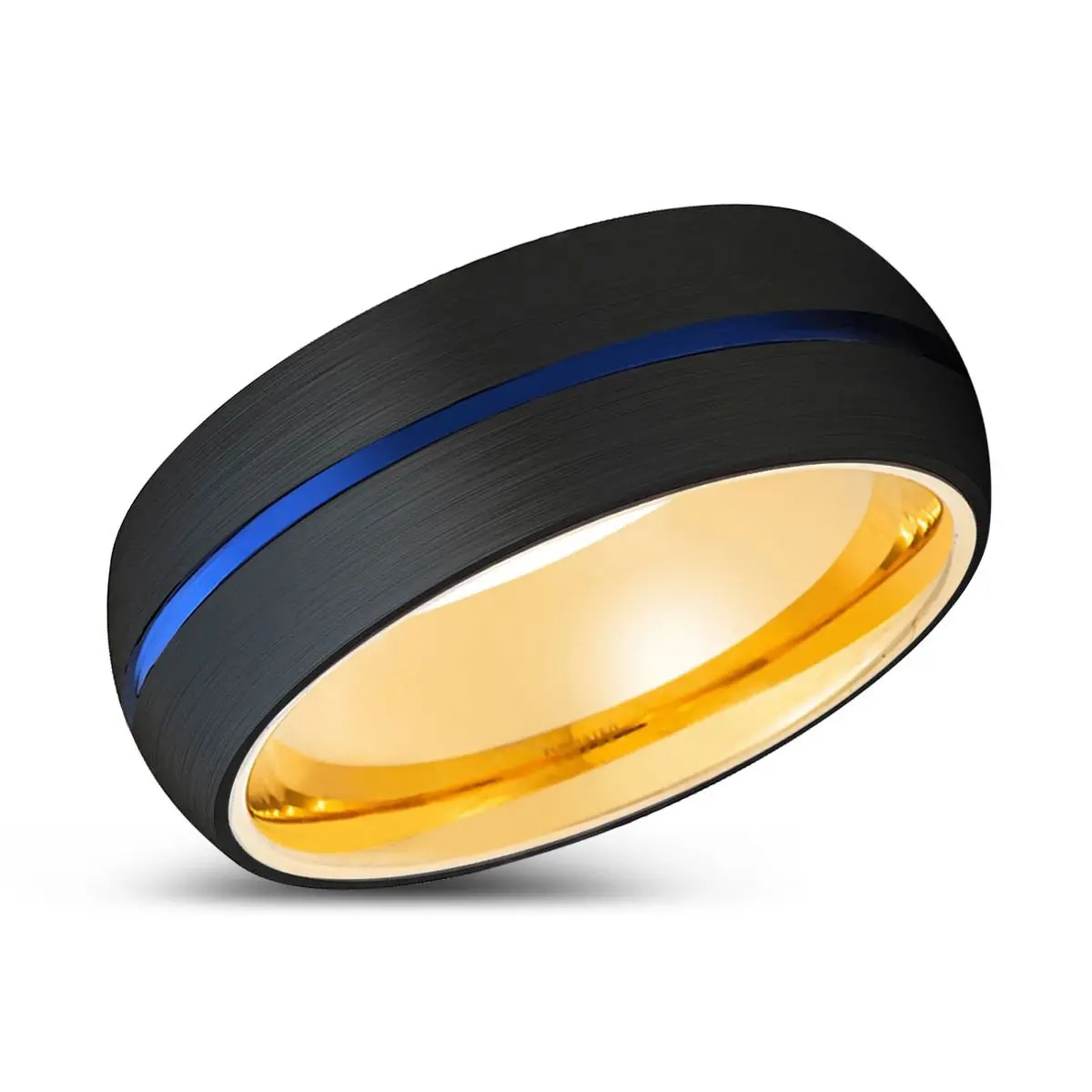 Juniper | Gold Ring, Black Tungsten Ring, Blue Groove, Domed 2