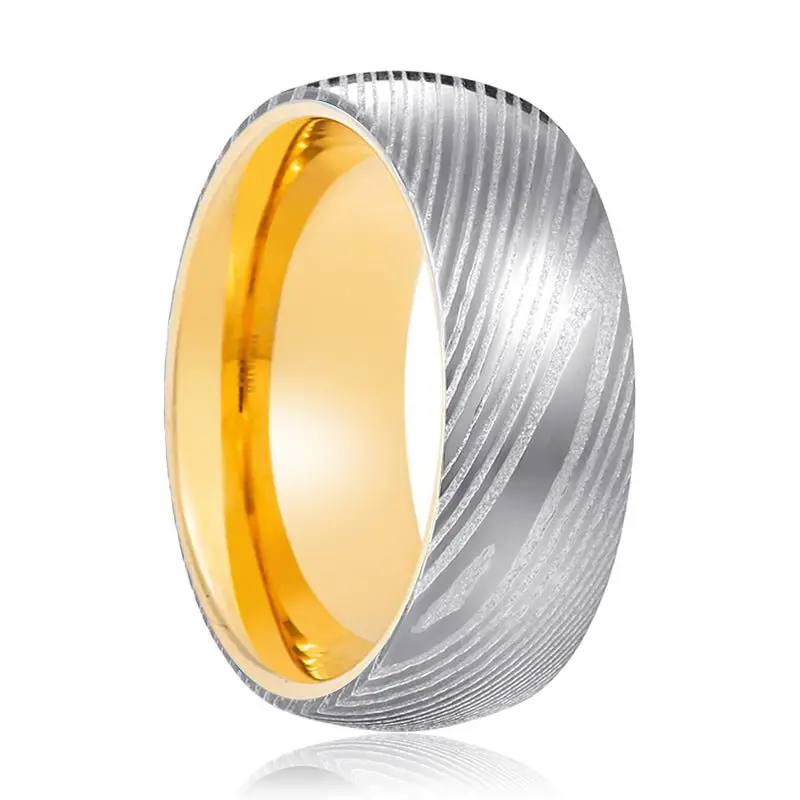 Juno | Gold Ring, Silver Damascus Steel, Domed 1