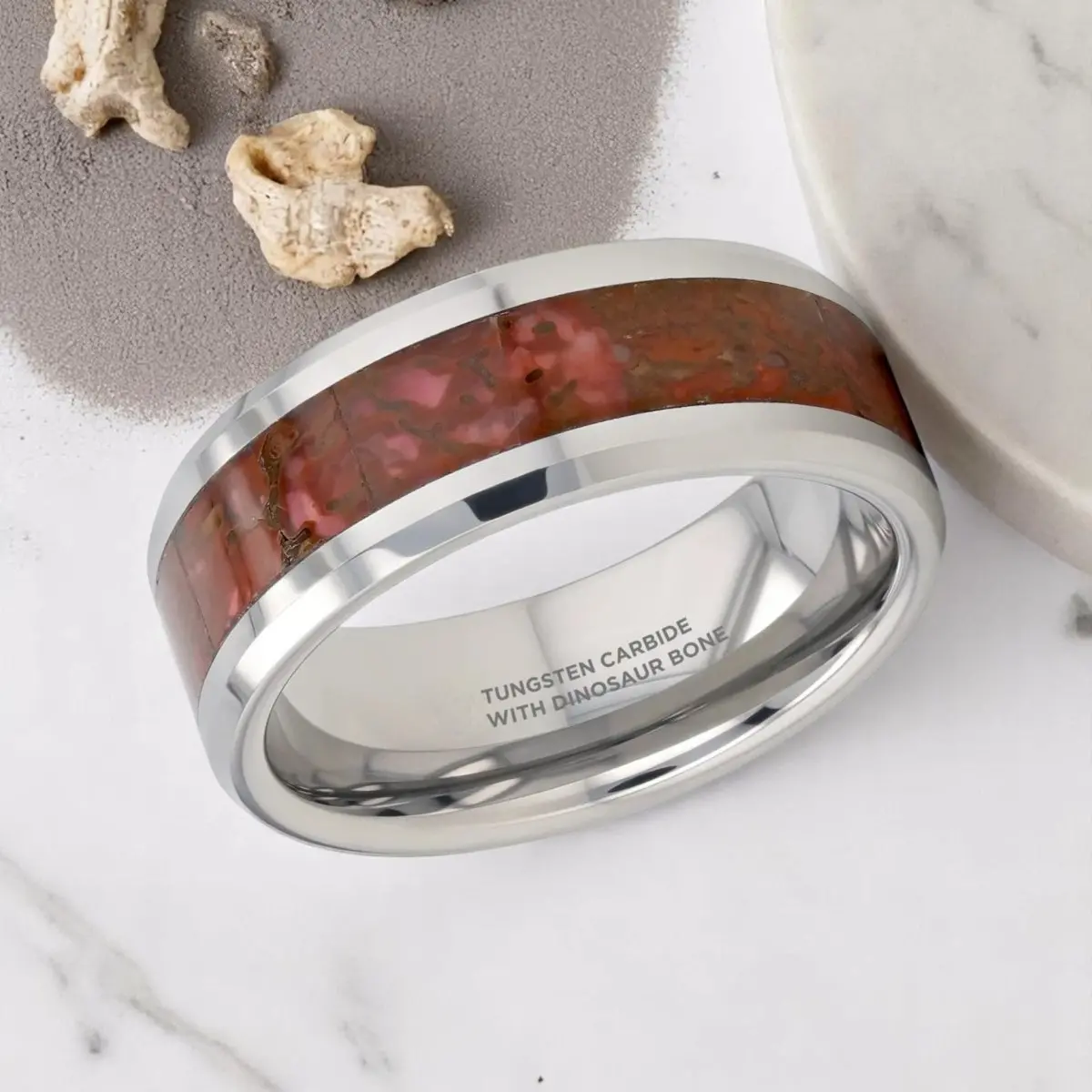 Jurassic | Silver Tungsten Ring With Red Dinosaur Bone Inlay, Beveled 2