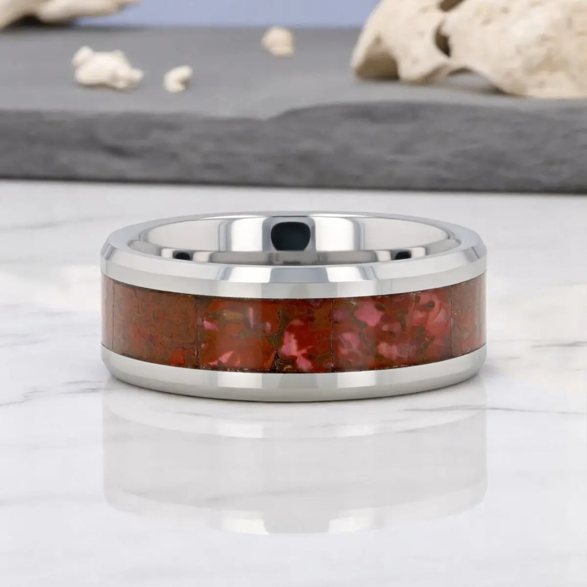 Jurassic | Silver Tungsten Ring With Red Dinosaur Bone Inlay, Beveled 4