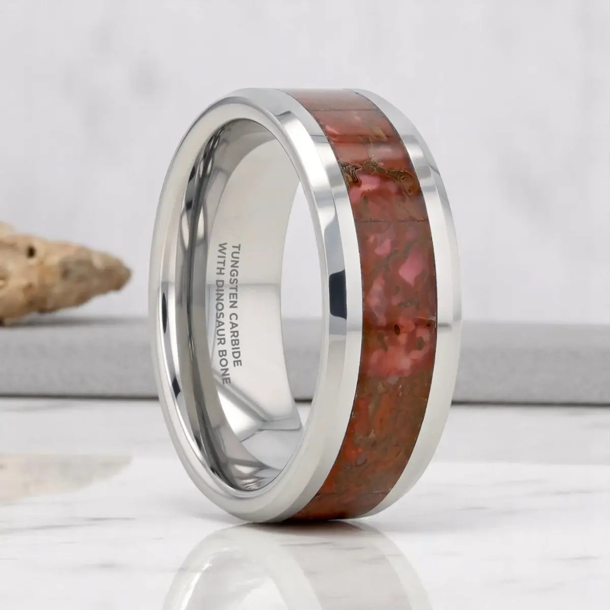 Jurassic | Silver Tungsten Ring With Red Dinosaur Bone Inlay, Beveled 1