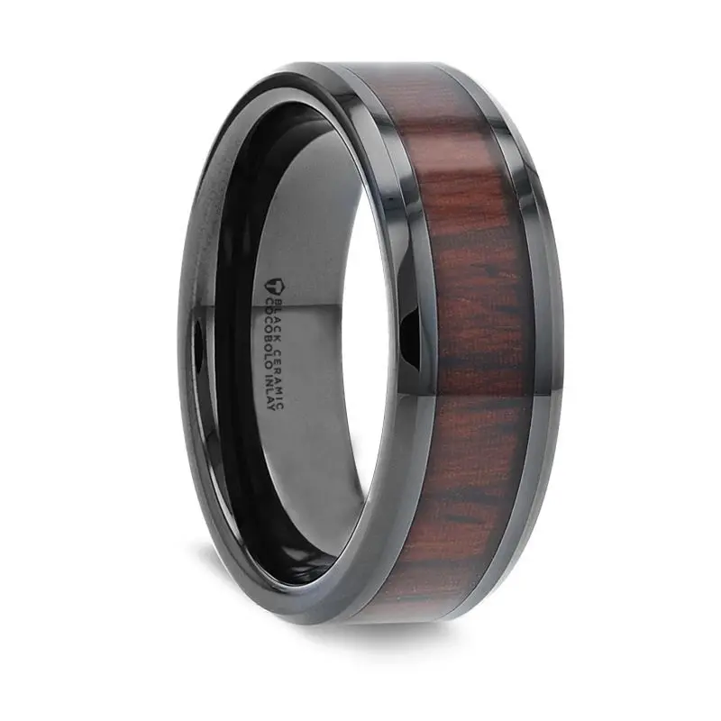 Kai | Black Ceramic Ring, Cocobolo Wood Inlay, Beveled 1