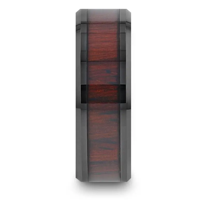 Kai | Black Ceramic Ring, Cocobolo Wood Inlay, Beveled 2