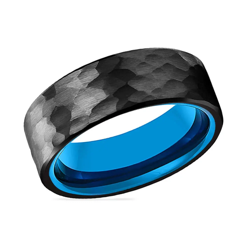 Kailani | Blue Tungsten Ring, Black Tungsten Ring, Hammered, Flat 2