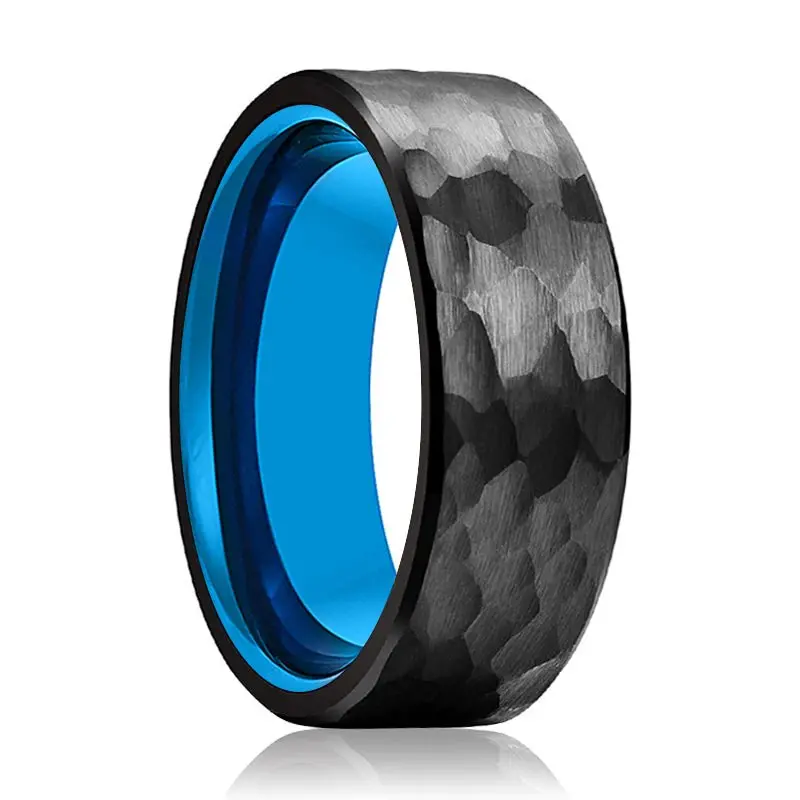 Kailani | Blue Tungsten Ring, Black Tungsten Ring, Hammered, Flat 1