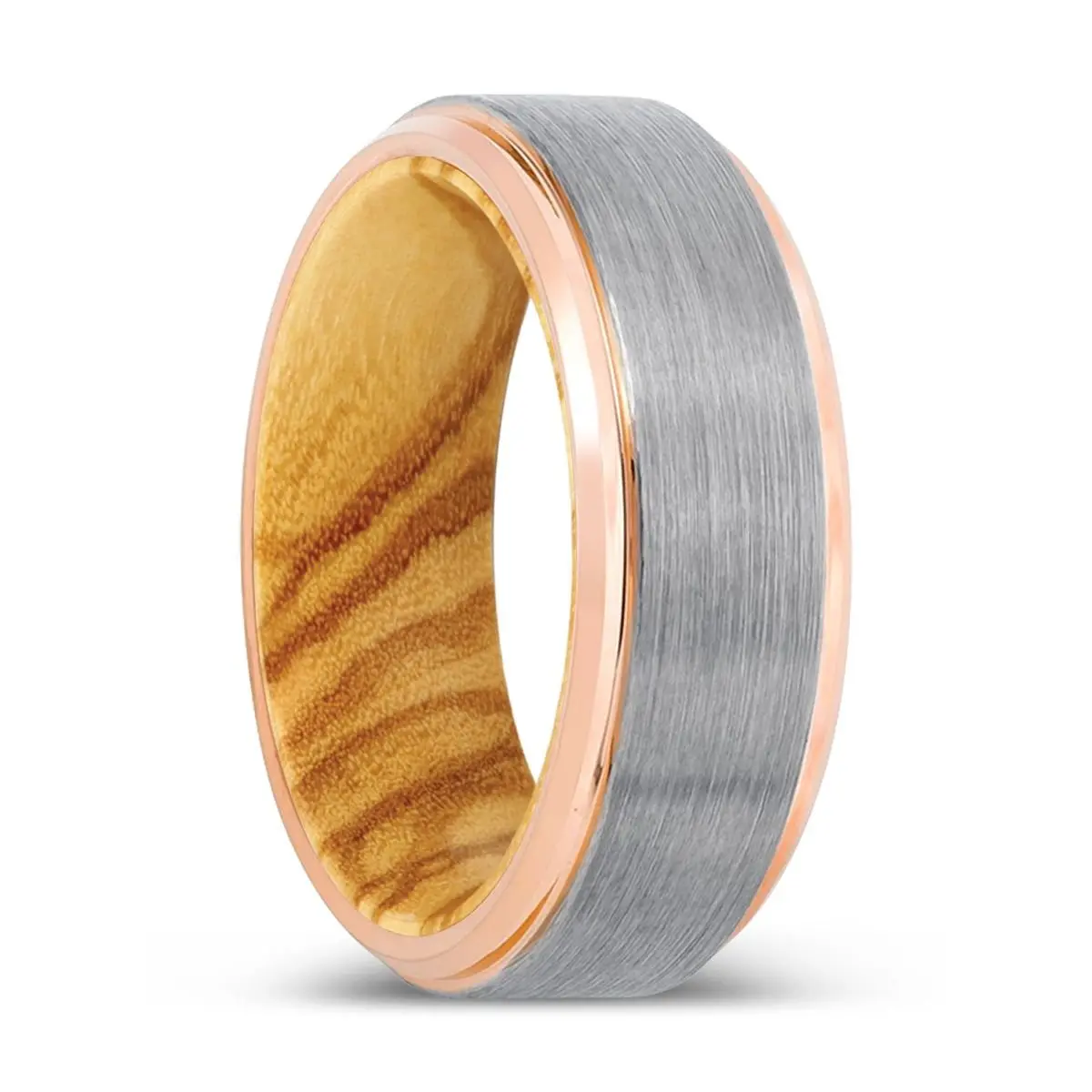 Kangiten | Olive Wood, Silver Tungsten Ring, Brushed, Rose Gold Stepped Edge 1