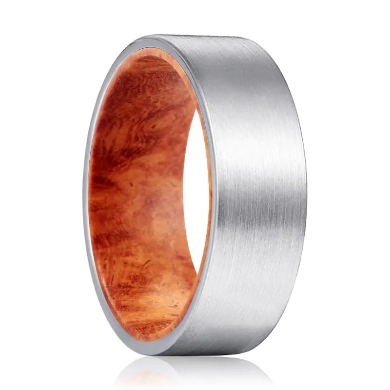 Kapila | Red Burl Wood, Silver Tungsten Ring, Brushed, Flat 1