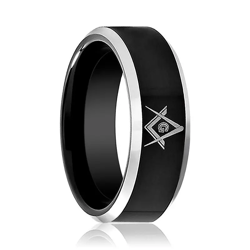 Katana | Black Tungsten Ring, Mason Symbol, Silver Beveled Edge 1
