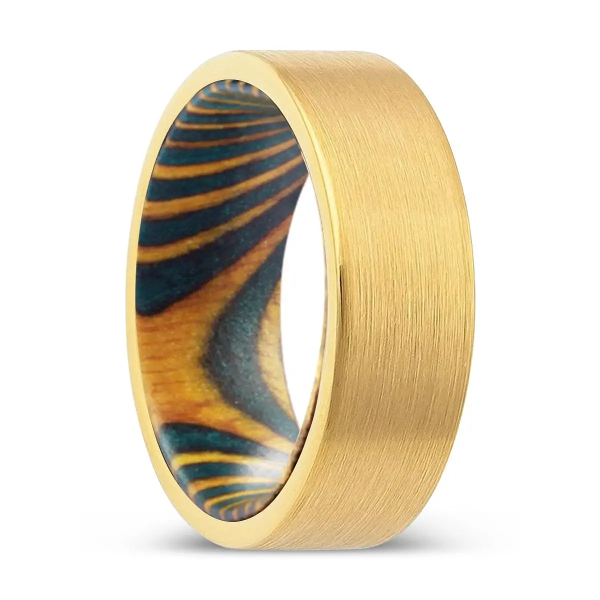 Katoka | Green & Yellow Wood, Gold Tungsten Ring, Brushed, Flat 1