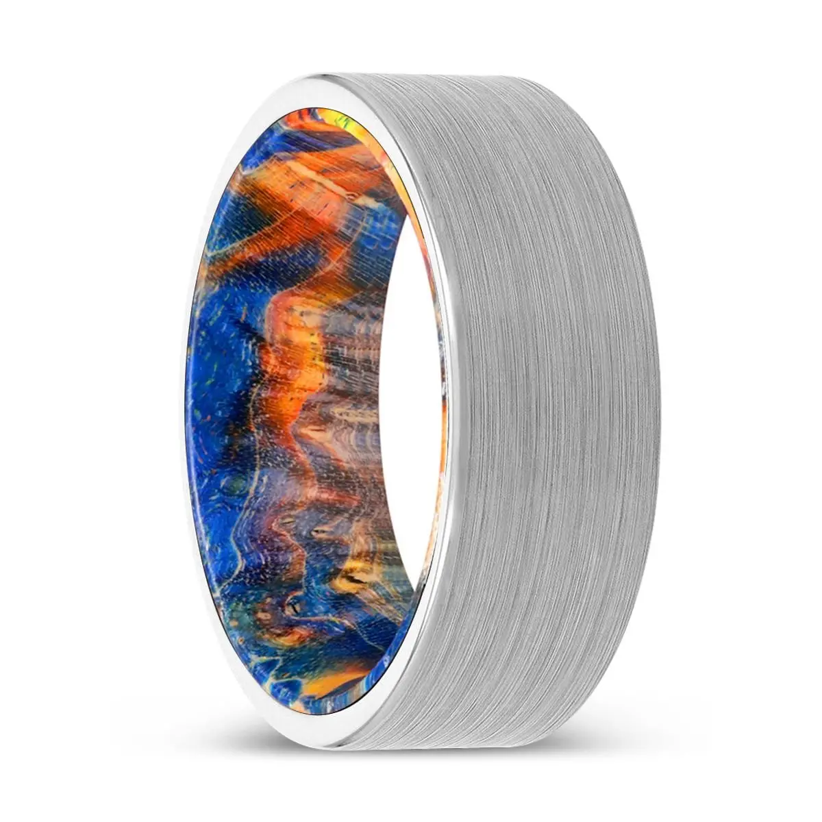 Kaylan | Blue & Yellow/Orange Wood, White Tungsten Ring, Brushed, Flat 1