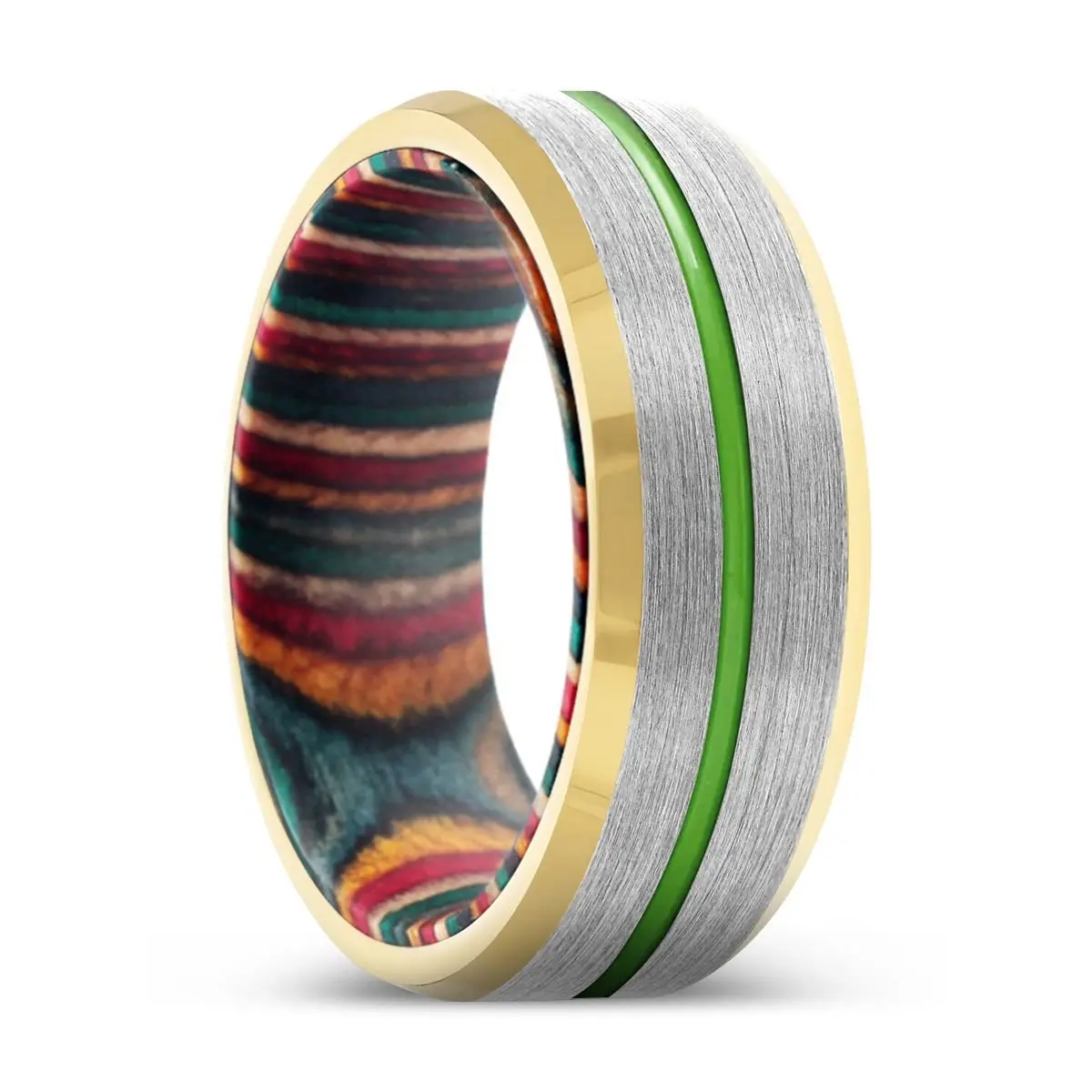 Kazam | Multi Color Box Wood, Silver Tungsten Ring, Green Groove, Gold Beveled Edge 1