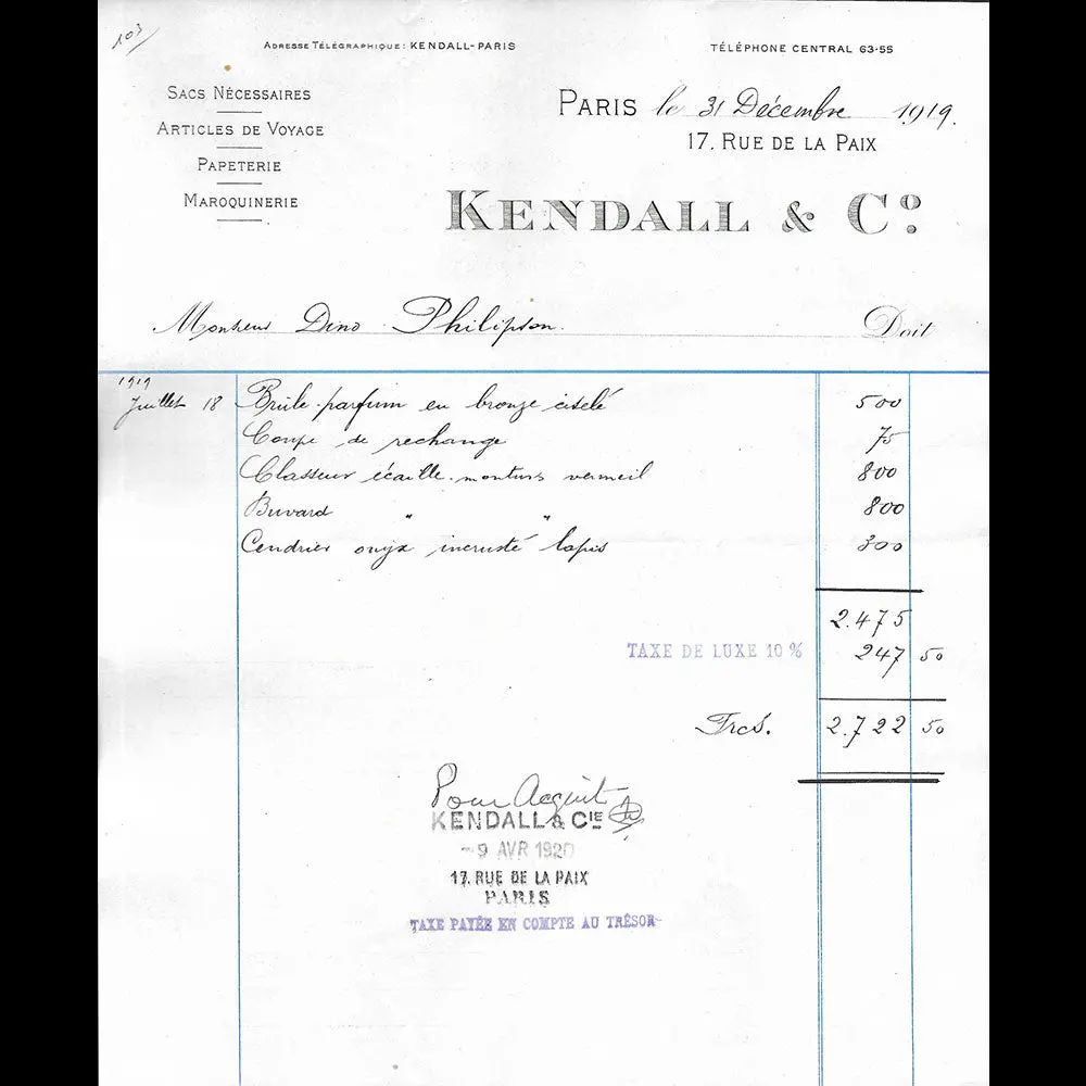 Kendall - Facture De La Maison De Maroquinerie Et De Voyage, 17 Rue De La Paix À Paris (1919) 1