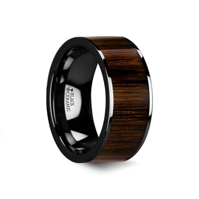 Kendo | Black Ceramic Ring, Black Walnut Wood Inlay, Flat 5