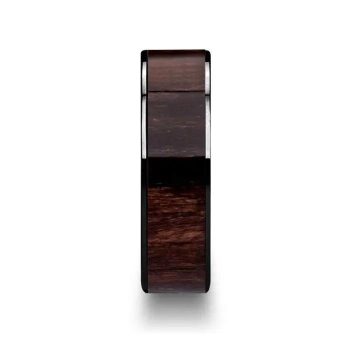 Kendo | Black Ceramic Ring, Black Walnut Wood Inlay, Flat 4