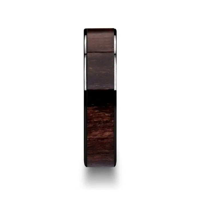 Kendo | Black Ceramic Ring, Black Walnut Wood Inlay, Flat 2