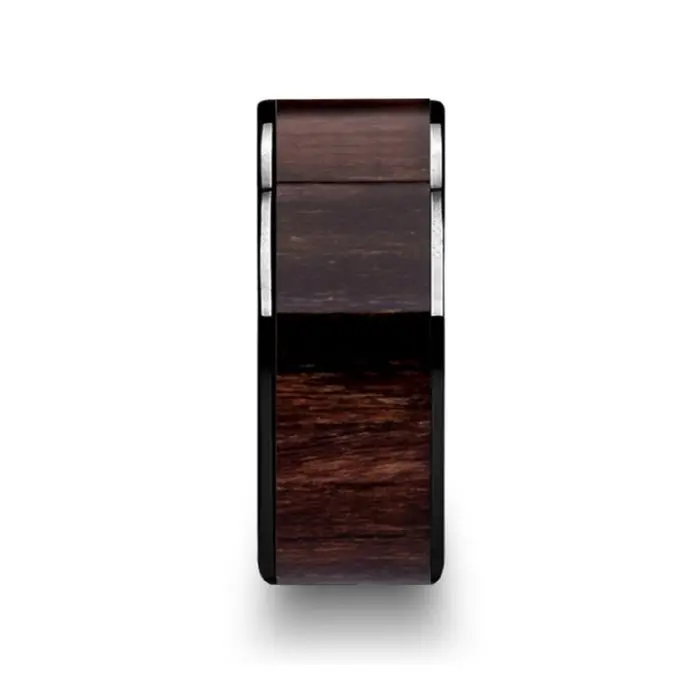 Kendo | Black Ceramic Ring, Black Walnut Wood Inlay, Flat 6