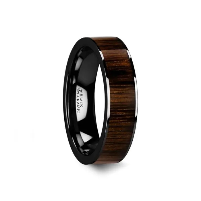 Kendo | Black Ceramic Ring, Black Walnut Wood Inlay, Flat 1