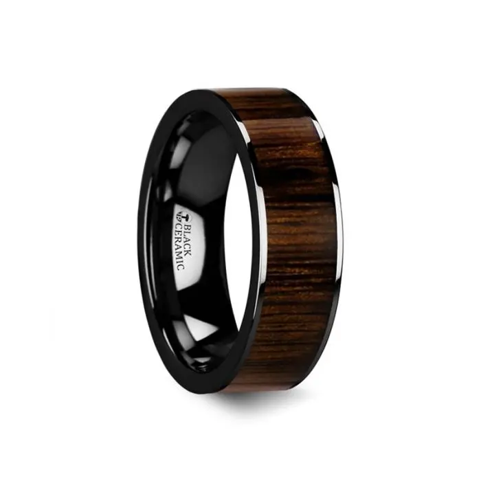 Kendo | Black Ceramic Ring, Black Walnut Wood Inlay, Flat 3