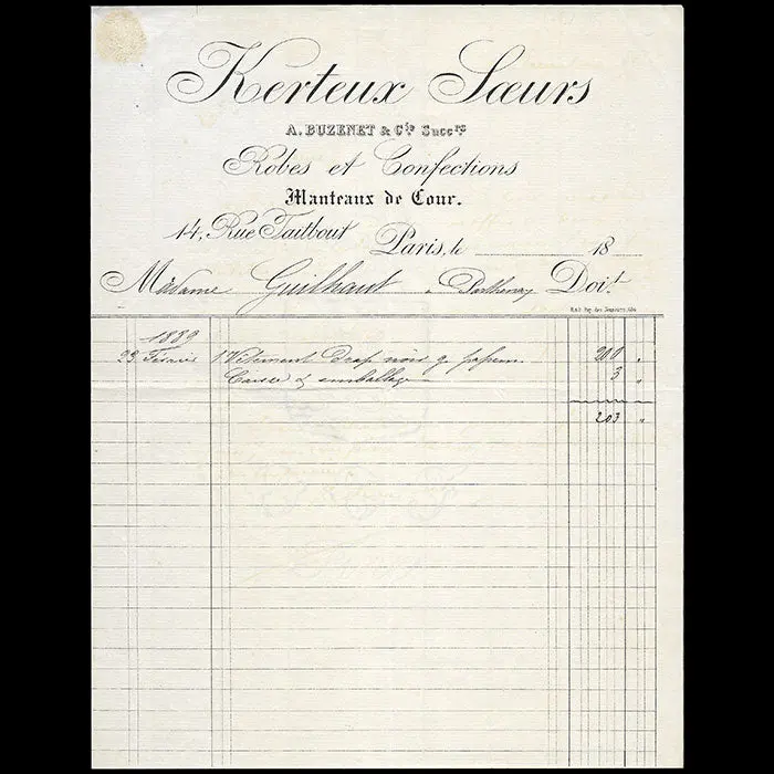 Kerteux Soeurs, Buzenet & Cie Successeurs - Facture De La Maison De Couture, 14 Rue Taitbout À Paris (1889) 1