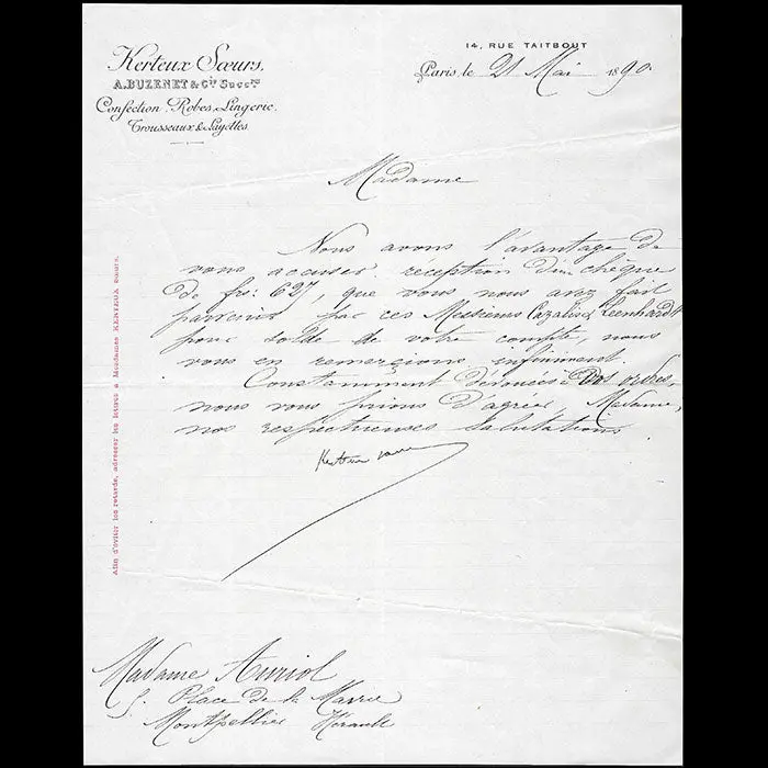 Kerteux Soeurs, Buzenet & Cie Successeurs - Correspondance De La Maison De Couture, 14 Rue Taitbout À Paris (1890) 1