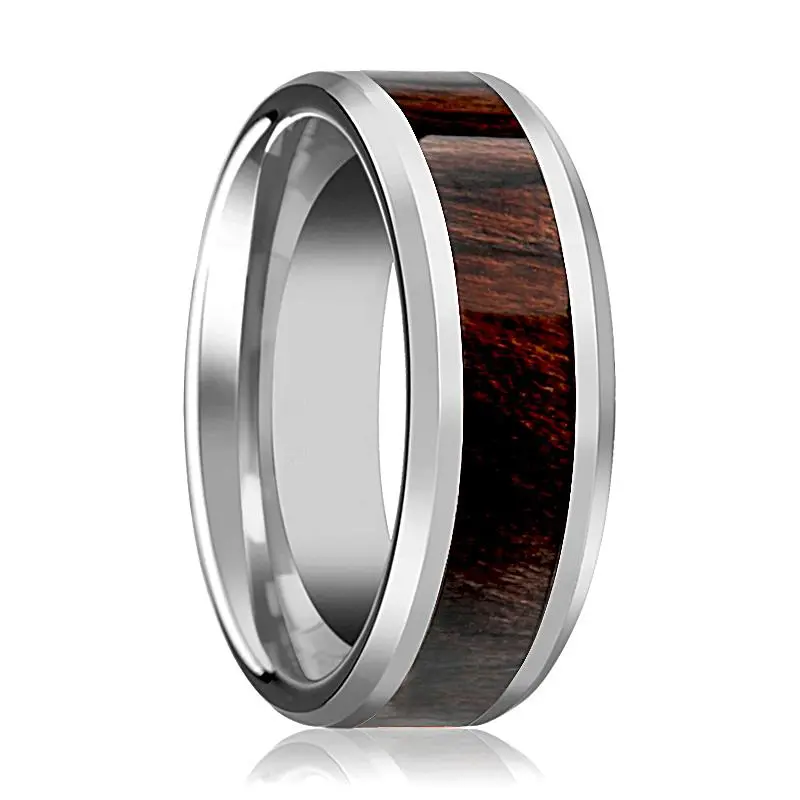 Kevaz | Silver Tungsten Ring, Bubinga Wood Inlay, Beveled 1