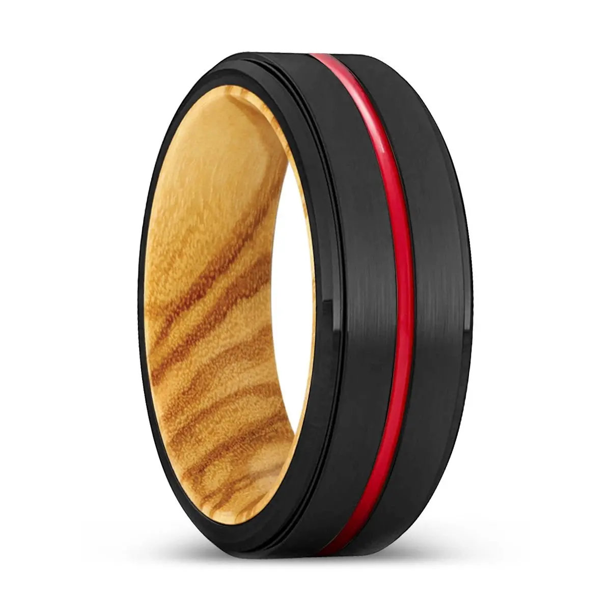 Kinght | Olive Wood, Black Tungsten Ring, Red Groove, Stepped Edge 1