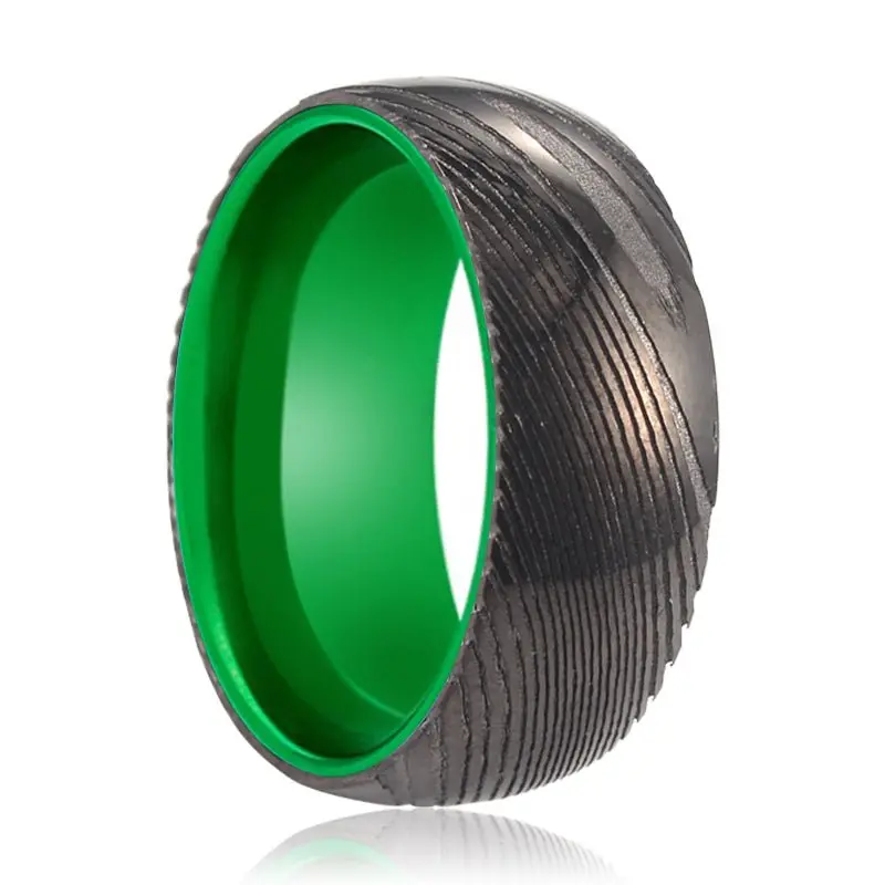 Kiwi | Green Ring, Gunmetal Damascus Steel Ring, Domed 1