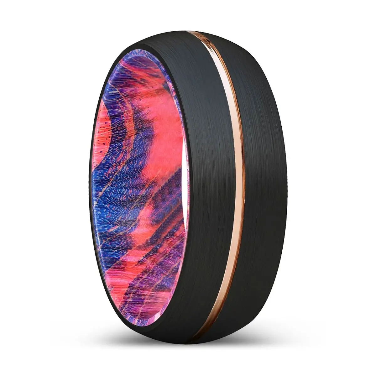 Kodite | Blue & Red Wood, Black Tungsten Ring, Rose Gold Groove, Domed 1