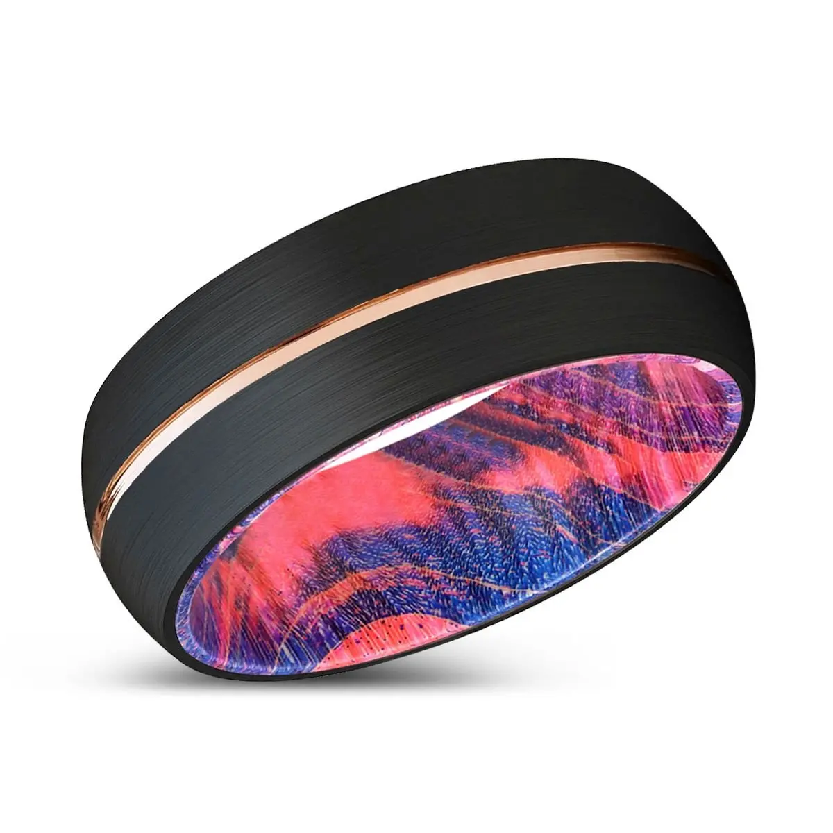 Kodite | Blue & Red Wood, Black Tungsten Ring, Rose Gold Groove, Domed 2